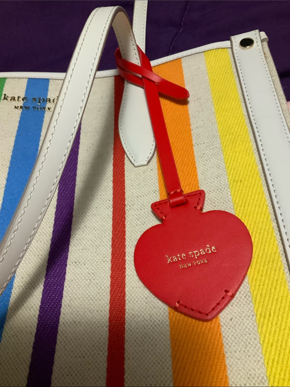 kate spade Multicolor Stripe White Tote with Heart Charm - Picture 9 of 11